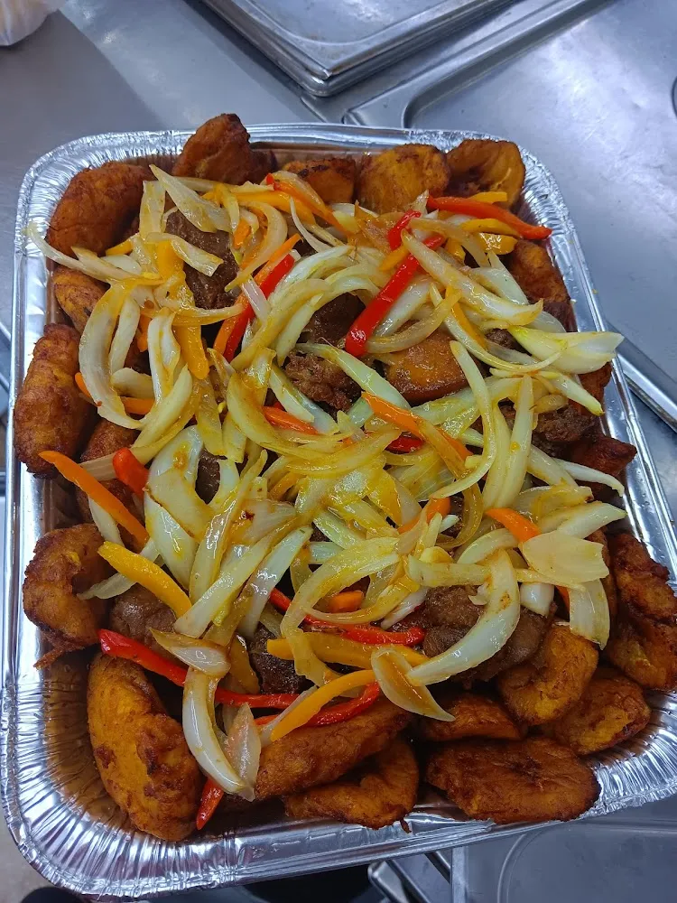 Fried Pork Plantains with Saltaued Peppers and Onions